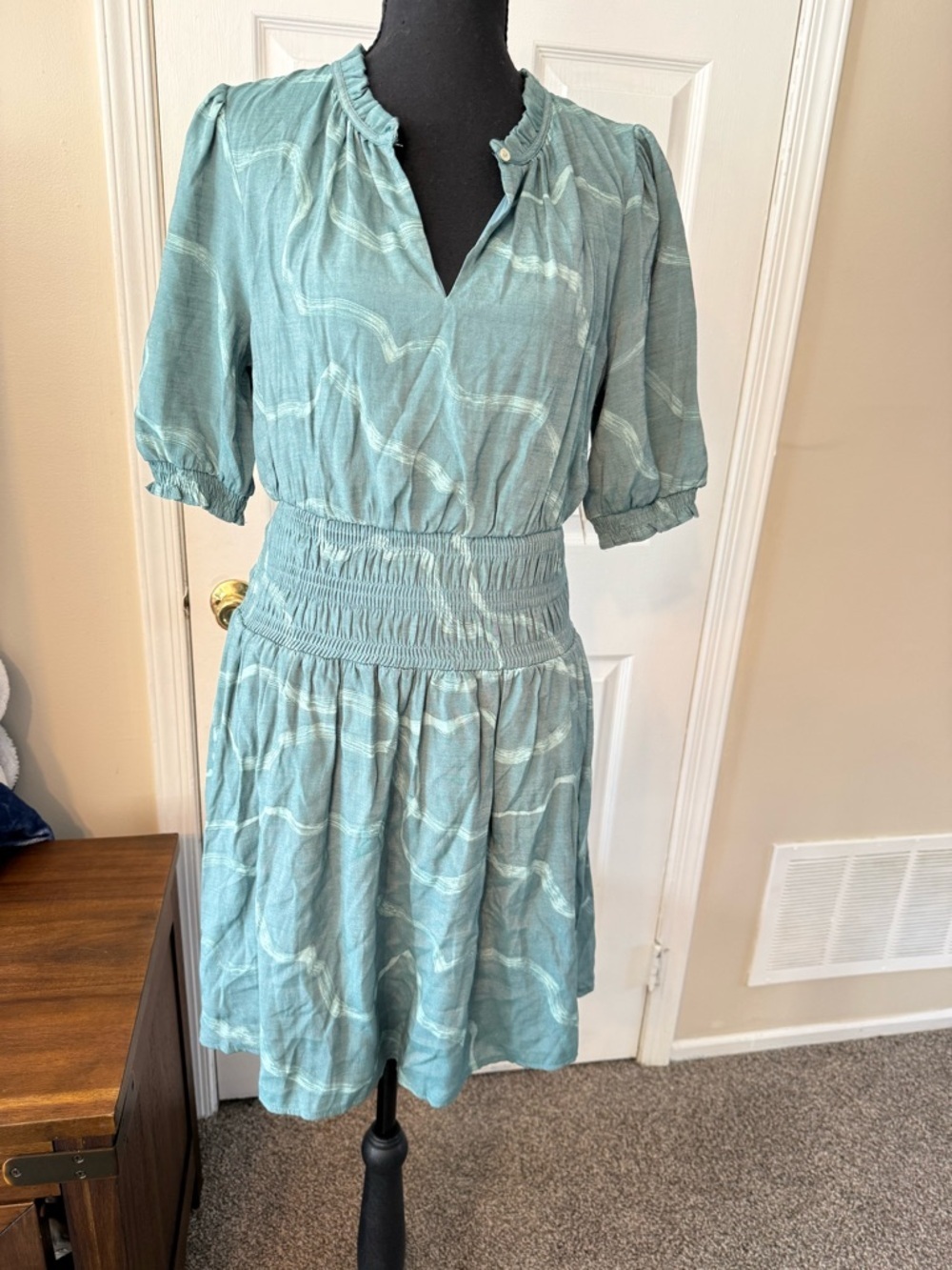 Nine West Teal Wave-Print Smocked Waist Mini Dress